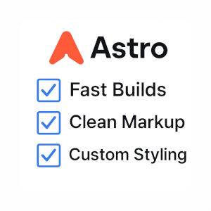 Astro logo with checkboxes for Fast Builds, Clean Markup, and Custom Styling